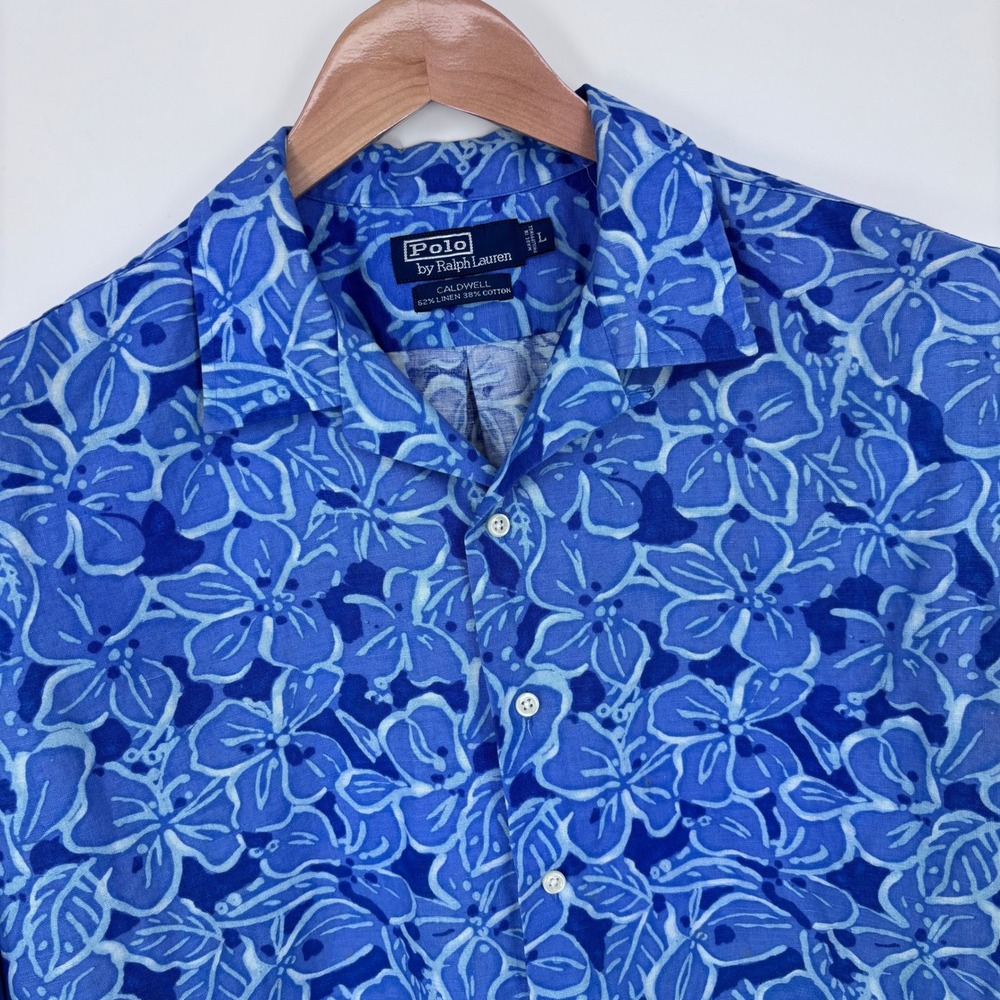 Vintage Polo Ralph Lauren Caldwell Shirt Mens L Blue Floral Linen Cotton Camp